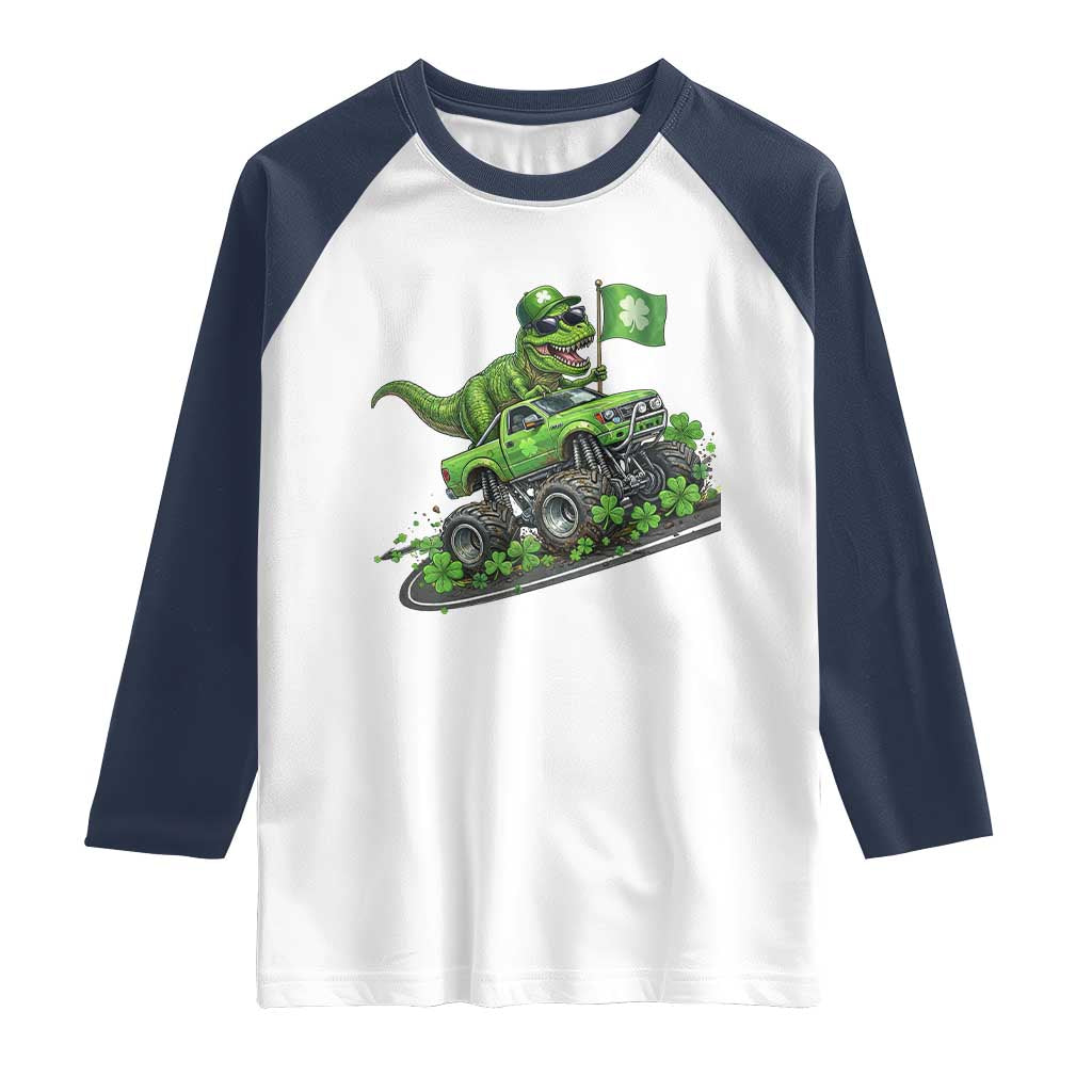 Funny St Patricks Day Dinosaur Truck Raglan Shirt Irish Holiday Gift