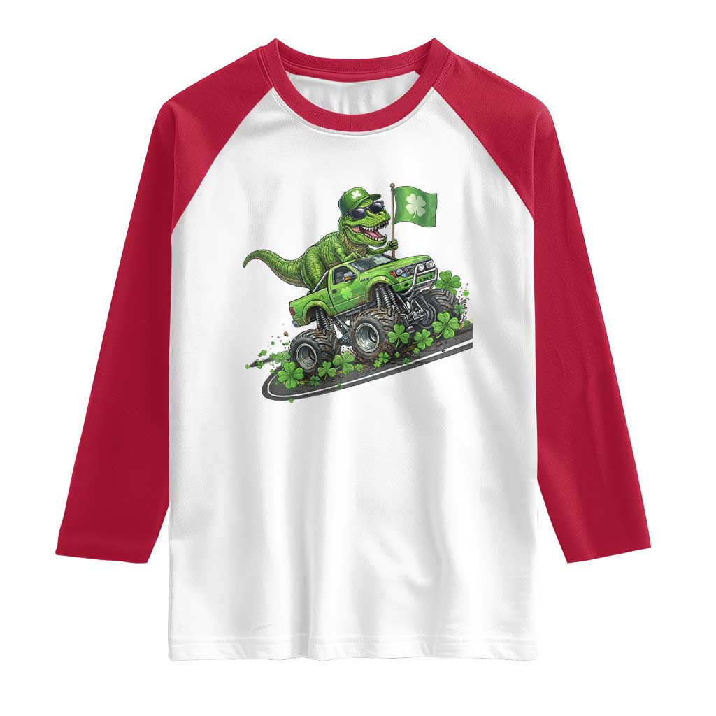 Funny St Patricks Day Dinosaur Truck Raglan Shirt Irish Holiday Gift
