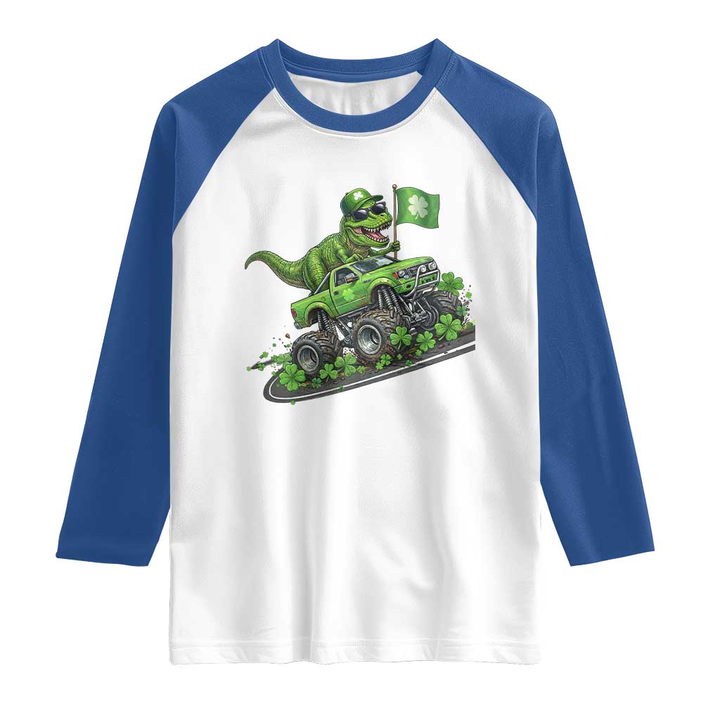 Funny St Patricks Day Dinosaur Truck Raglan Shirt Irish Holiday Gift