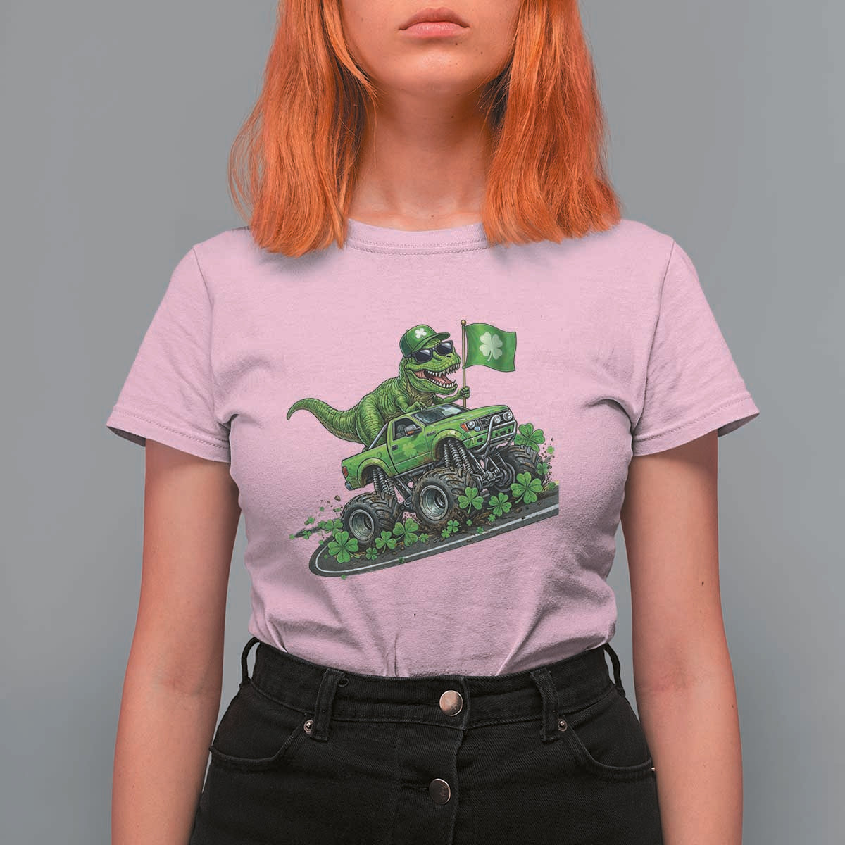 Funny St Patricks Day Dinosaur Truck T Shirt For Women Irish Holiday Gift