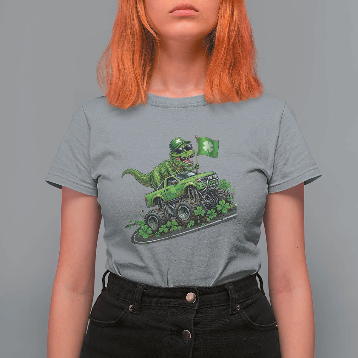 Funny St Patricks Day Dinosaur Truck T Shirt For Women Irish Holiday Gift