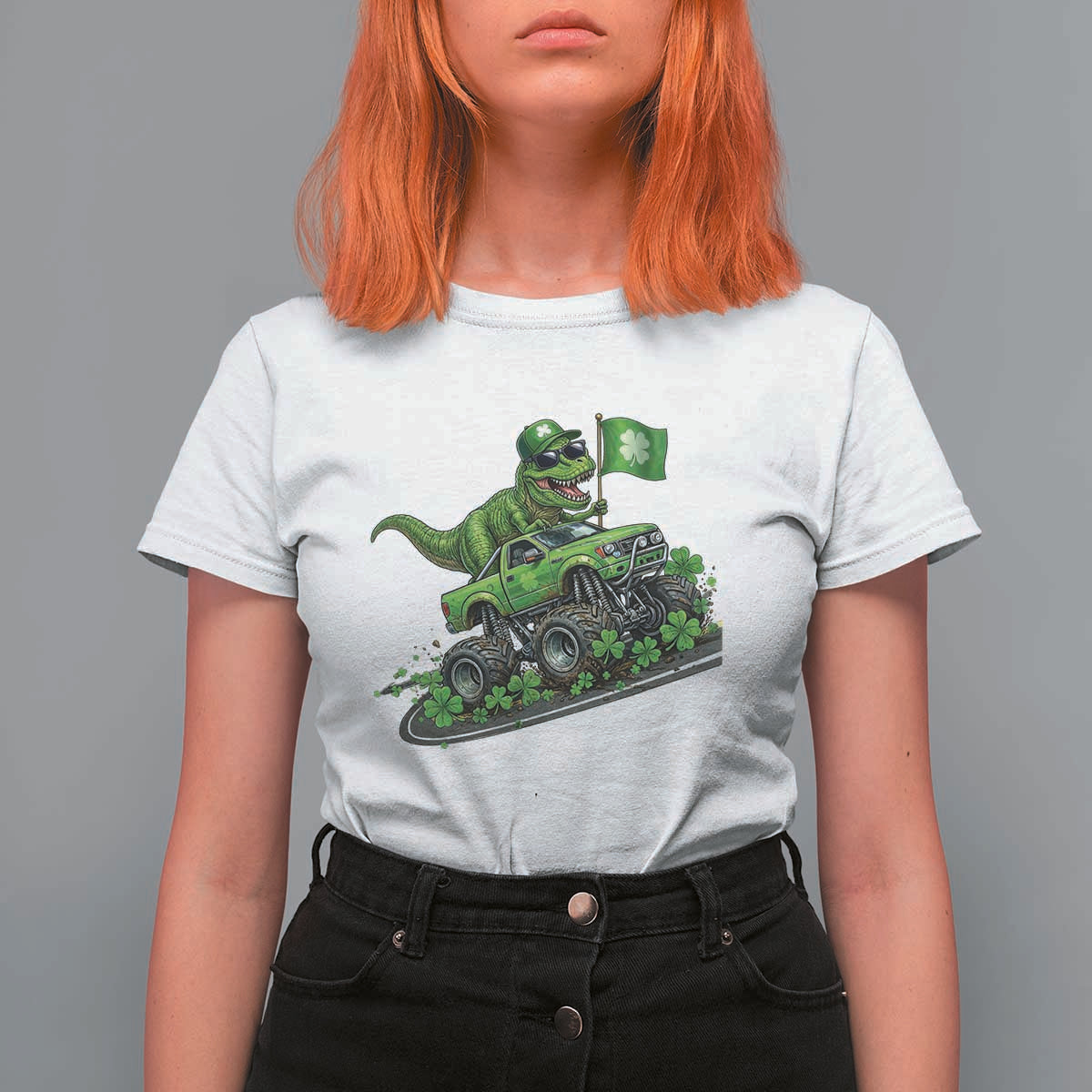 Funny St Patricks Day Dinosaur Truck T Shirt For Women Irish Holiday Gift