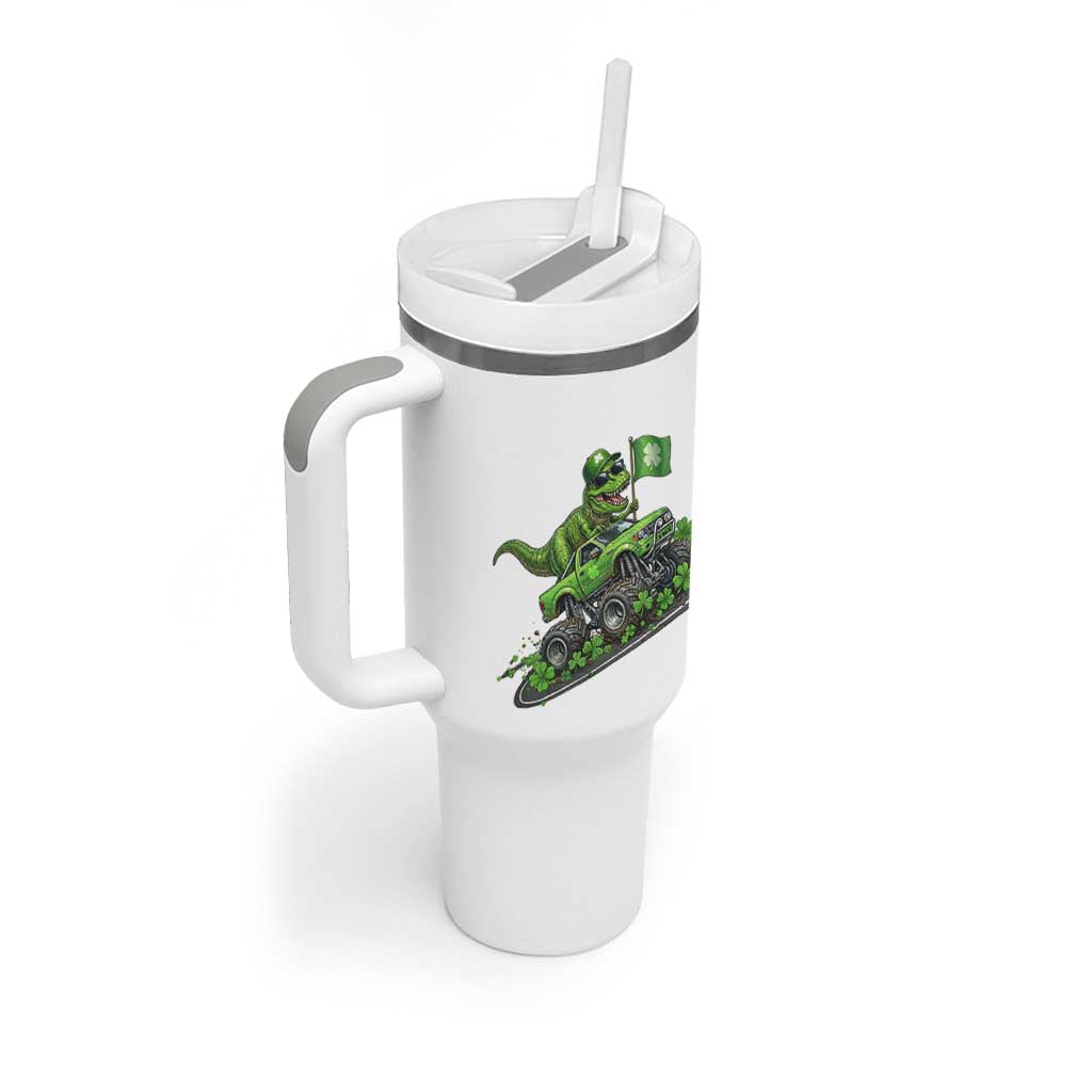 Funny St Patricks Day Dinosaur Truck Tumbler With Handle Irish Holiday Gift