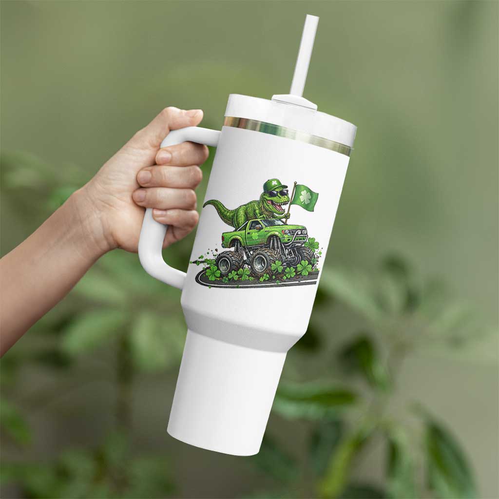 Funny St Patricks Day Dinosaur Truck Tumbler With Handle Irish Holiday Gift