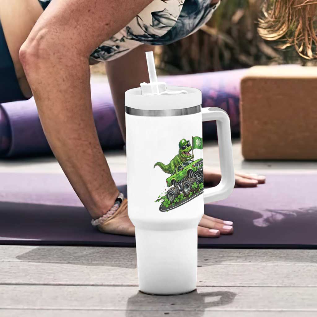 Funny St Patricks Day Dinosaur Truck Tumbler With Handle Irish Holiday Gift