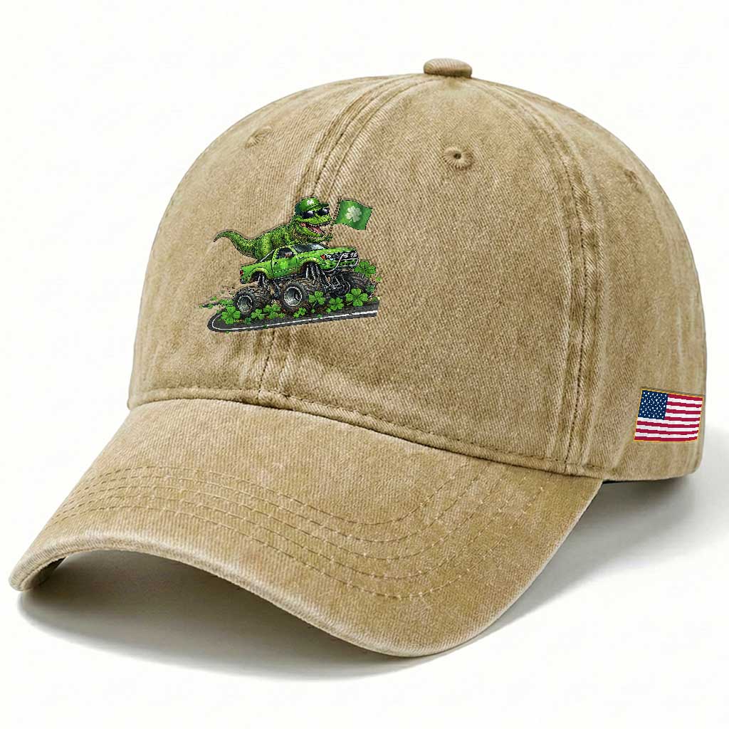 Funny St Patricks Day Dinosaur Truck Washed Cotton Baseball Cap Irish Holiday Gift