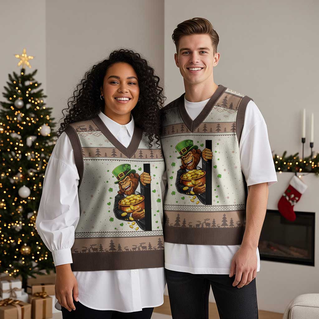 Funny St Patricks Day Bigfoot V-Neck Knit Sweater Vest Irish Revelry Gift