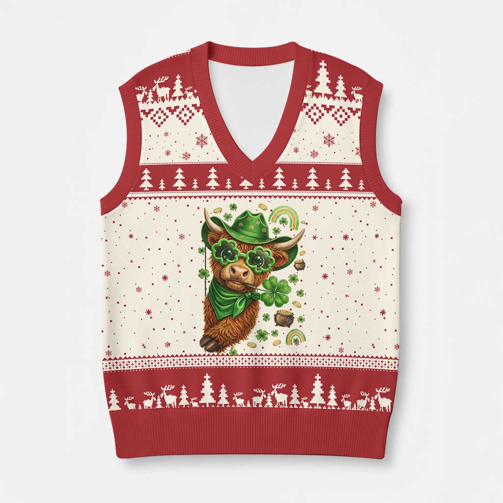Funny Irish Highland Cow V-Neck Knit Sweater Vest St Patricks Day Gift