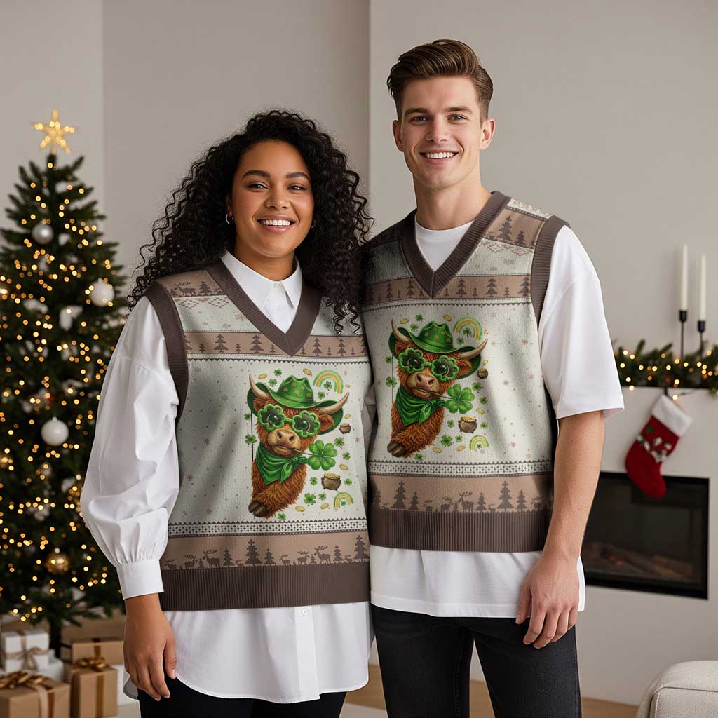 Funny Irish Highland Cow V-Neck Knit Sweater Vest St Patricks Day Gift