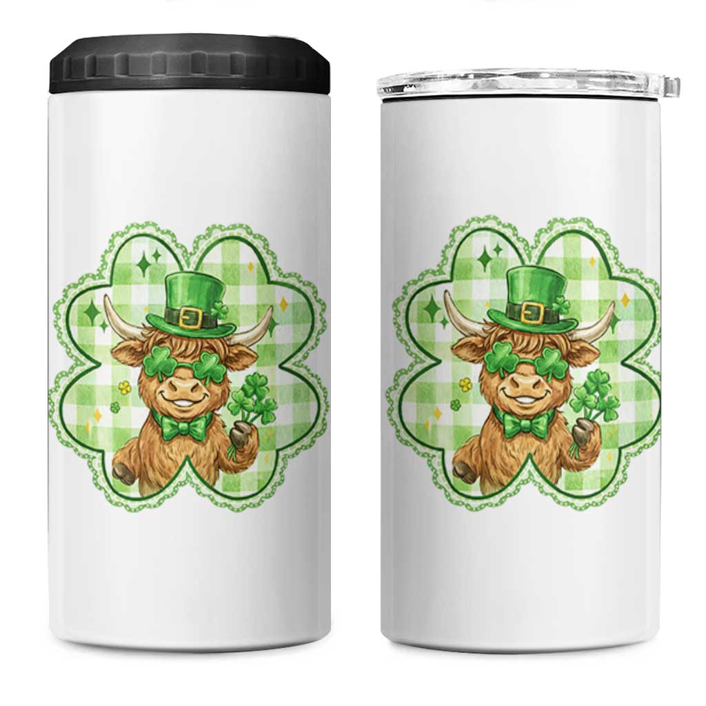 Funny Irish Highland Cow Shamrock Holiday Gift 4 in 1 Can Cooler Tumbler