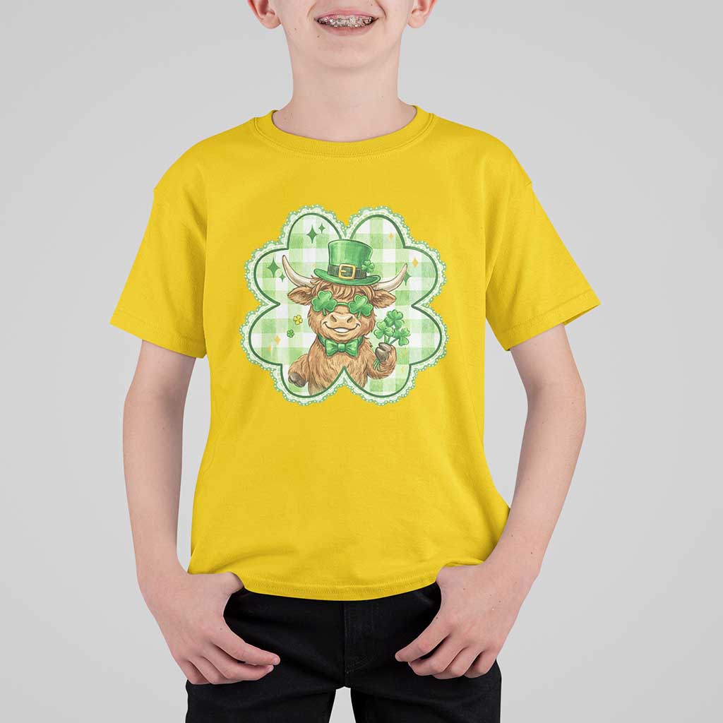 Funny Irish Highland Cow Shamrock Holiday Gift T Shirt For Kid
