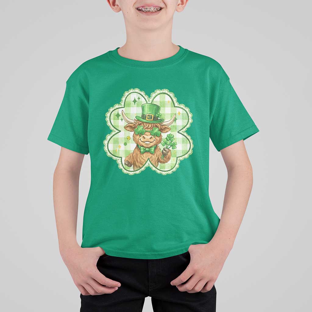 Funny Irish Highland Cow Shamrock Holiday Gift T Shirt For Kid
