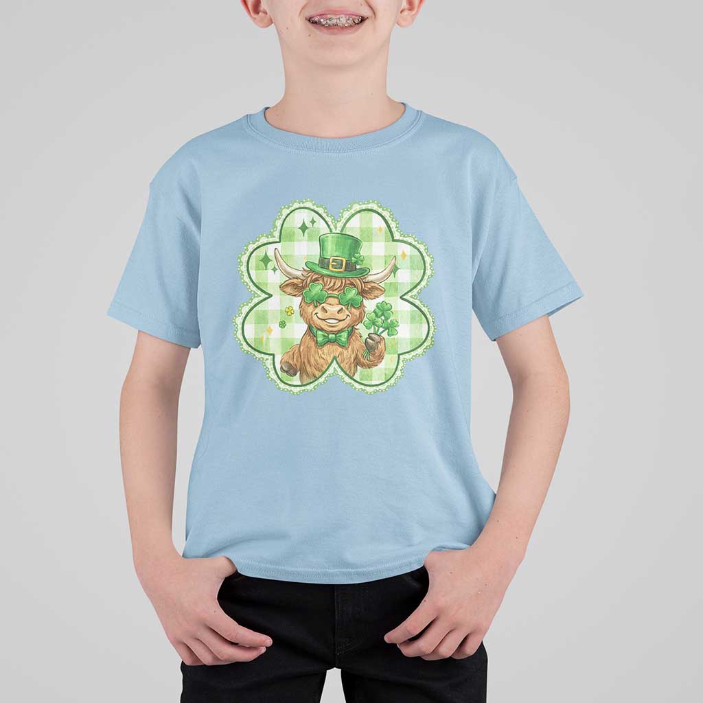 Funny Irish Highland Cow Shamrock Holiday Gift T Shirt For Kid