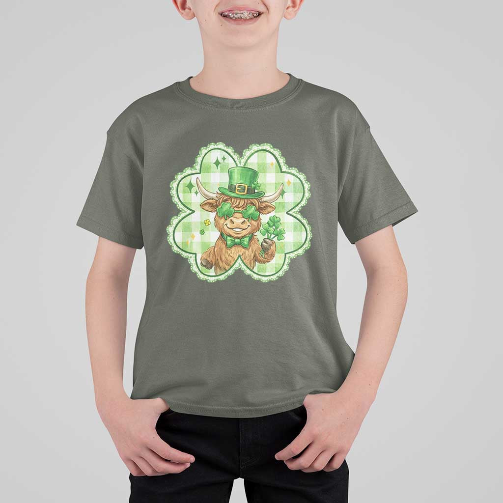 Funny Irish Highland Cow Shamrock Holiday Gift T Shirt For Kid