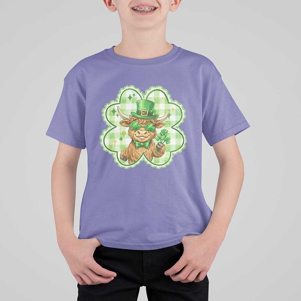 Funny Irish Highland Cow Shamrock Holiday Gift T Shirt For Kid