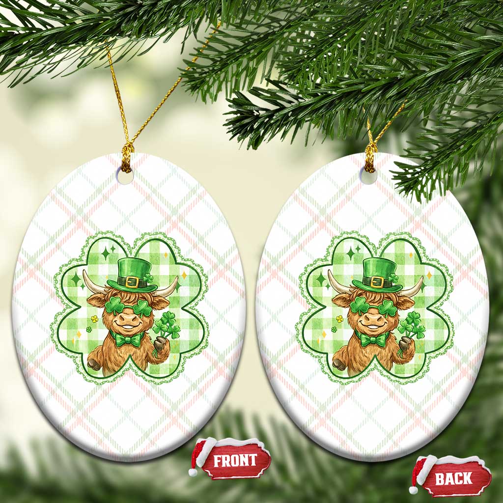 Funny Irish Highland Cow Shamrock Holiday Gift Ceramic Ornament