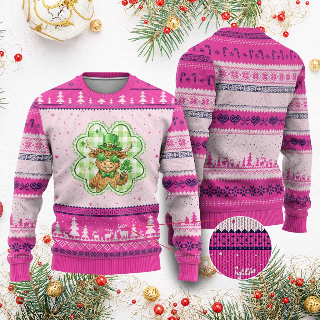 Funny Irish Highland Cow Shamrock Holiday Gift Ugly Christmas Sweater