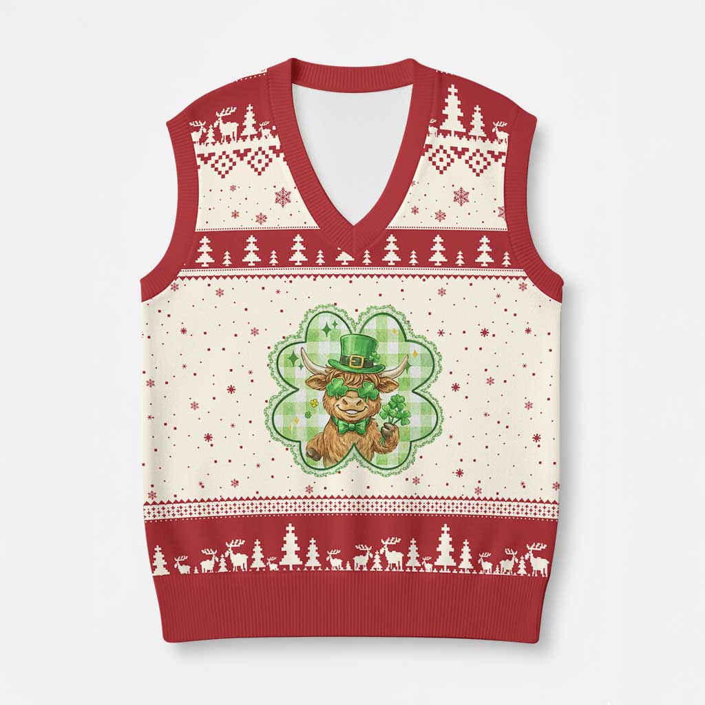 Funny Irish Highland Cow Shamrock Holiday Gift V-Neck Knit Sweater Vest