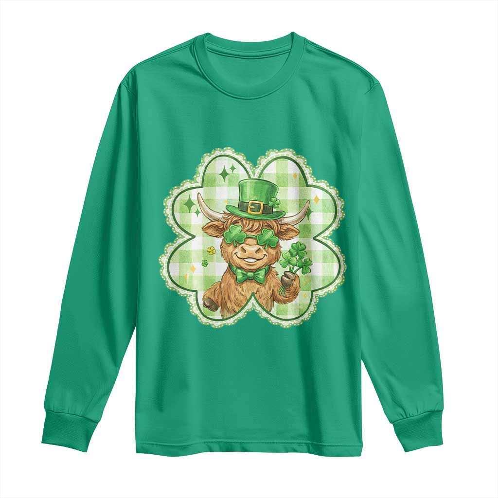 Funny Irish Highland Cow Shamrock Holiday Gift Long Sleeve Shirt