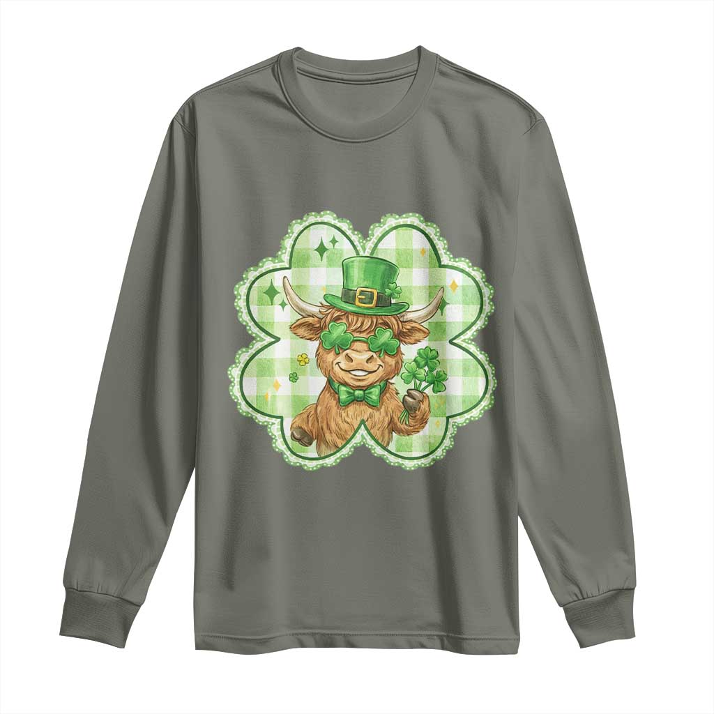 Funny Irish Highland Cow Shamrock Holiday Gift Long Sleeve Shirt