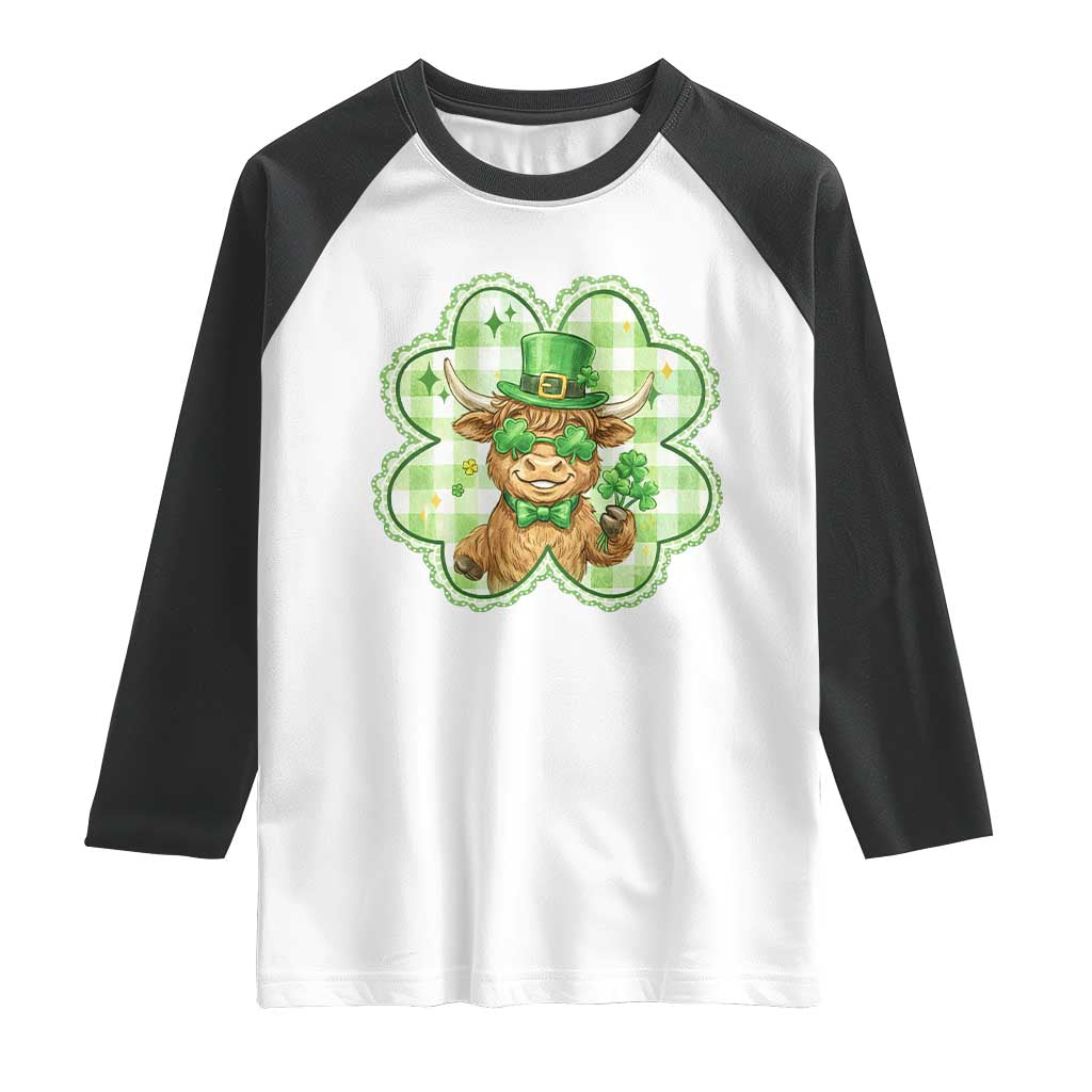 Funny Irish Highland Cow Shamrock Holiday Gift Raglan Shirt