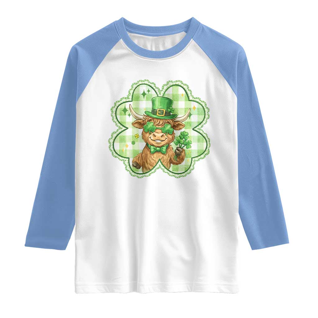 Funny Irish Highland Cow Shamrock Holiday Gift Raglan Shirt