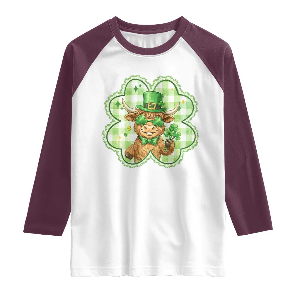 Funny Irish Highland Cow Shamrock Holiday Gift Raglan Shirt