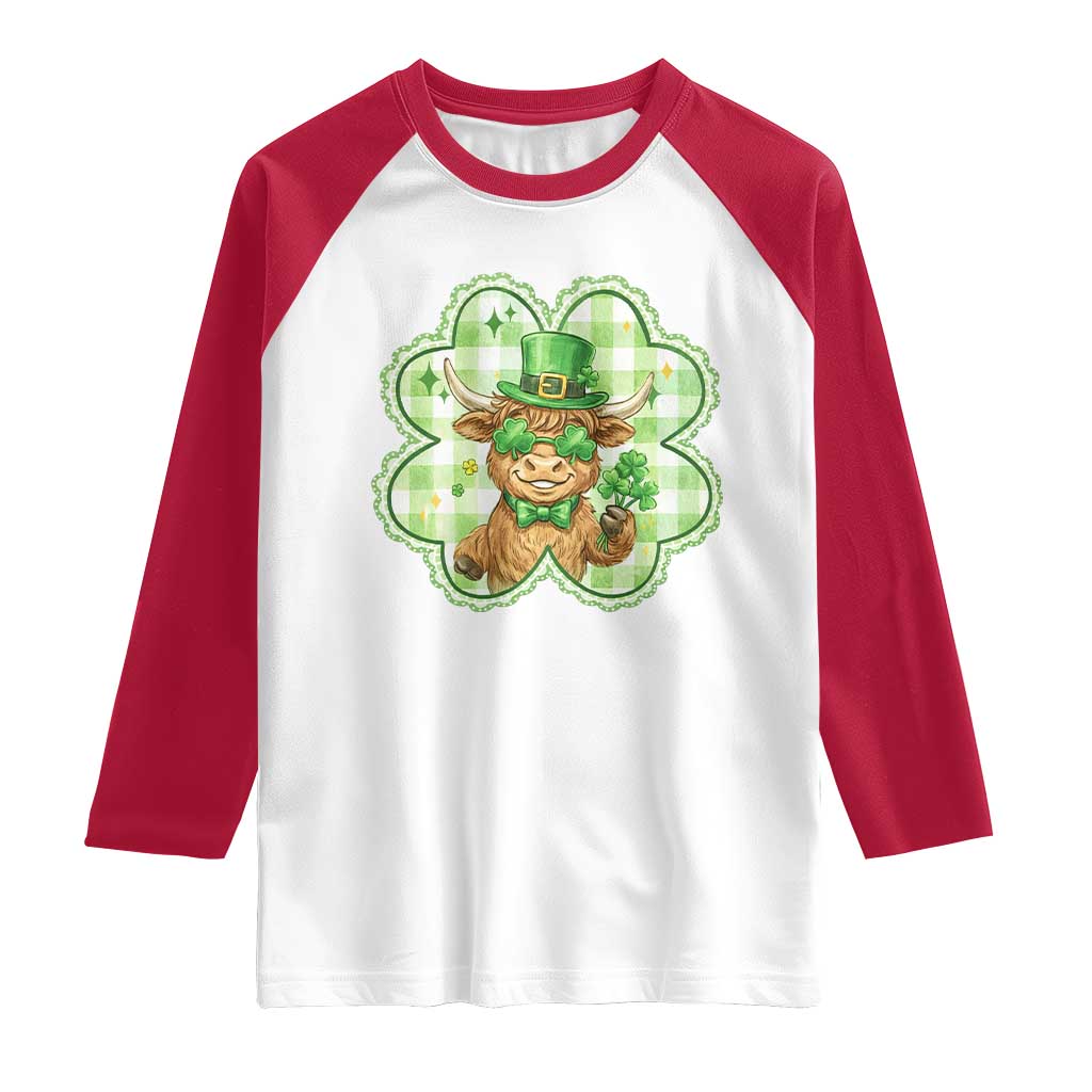 Funny Irish Highland Cow Shamrock Holiday Gift Raglan Shirt