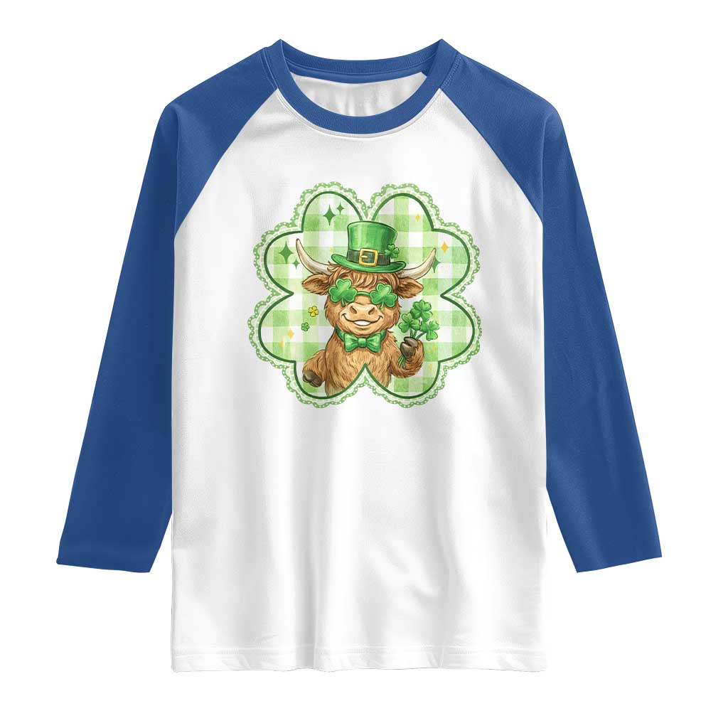 Funny Irish Highland Cow Shamrock Holiday Gift Raglan Shirt