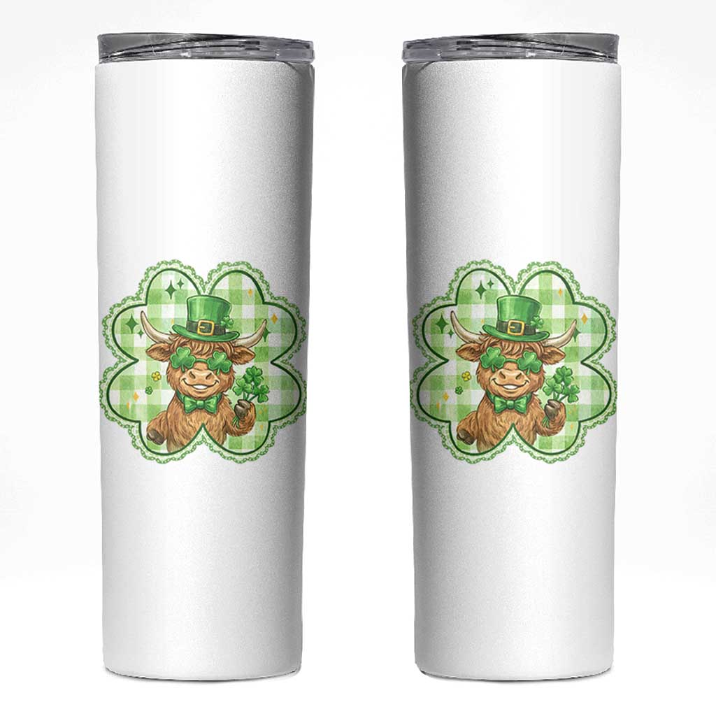 Funny Irish Highland Cow Shamrock Holiday Gift Skinny Tumbler