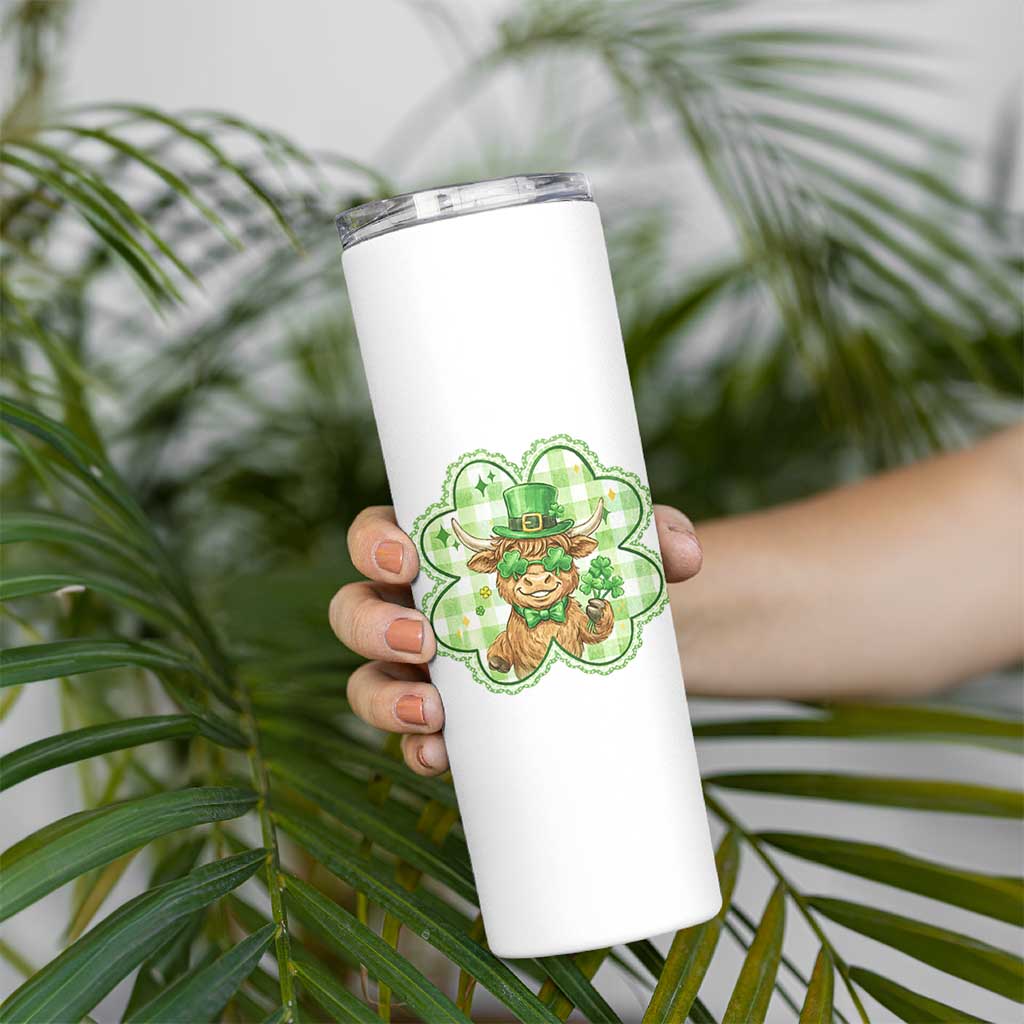 Funny Irish Highland Cow Shamrock Holiday Gift Skinny Tumbler