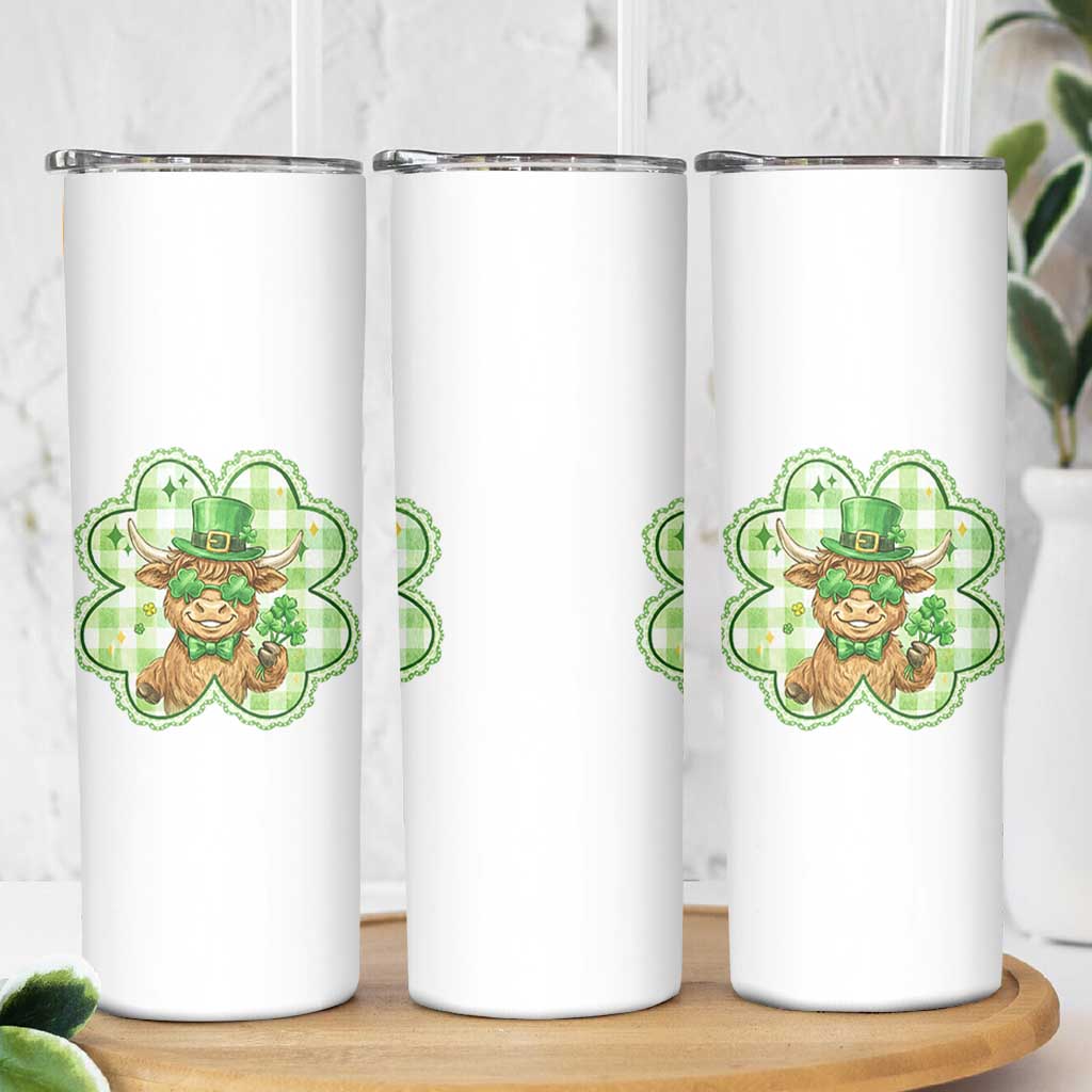 Funny Irish Highland Cow Shamrock Holiday Gift Skinny Tumbler