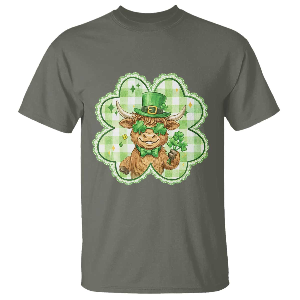 Funny Irish Highland Cow Shamrock Holiday Gift T Shirt