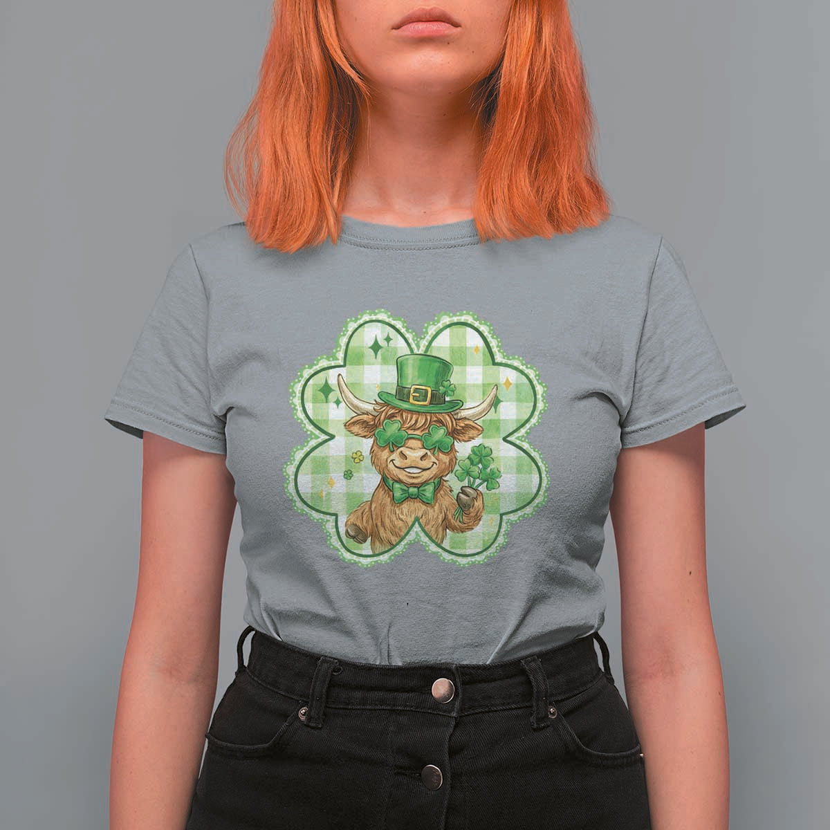 Funny Irish Highland Cow Shamrock Holiday Gift T Shirt For Women