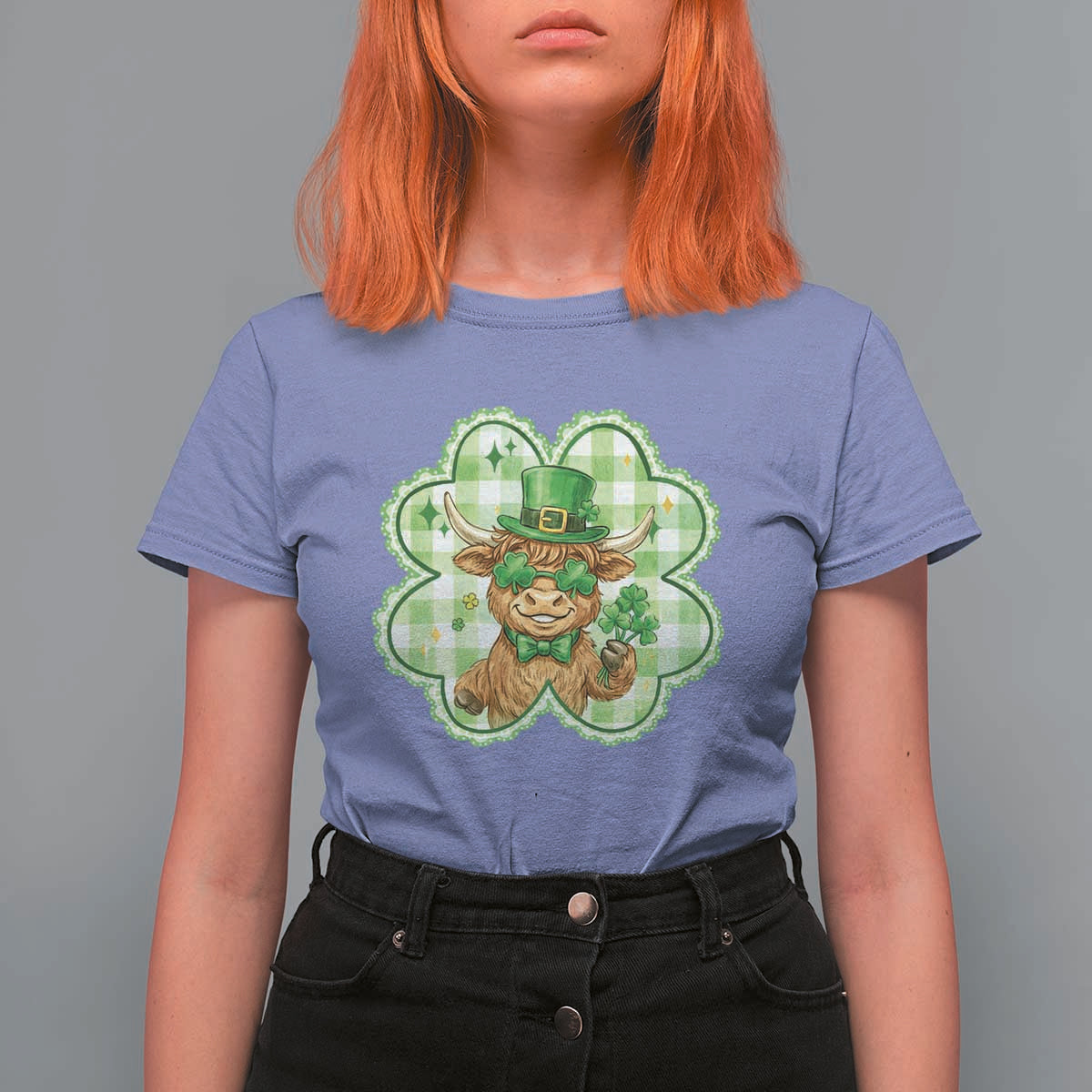 Funny Irish Highland Cow Shamrock Holiday Gift T Shirt For Women