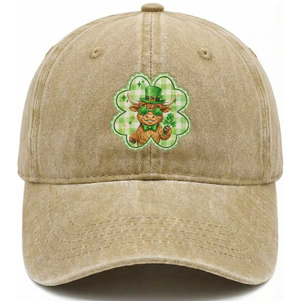 Funny Irish Highland Cow Shamrock Holiday Gift Washed Cotton Baseball Cap
