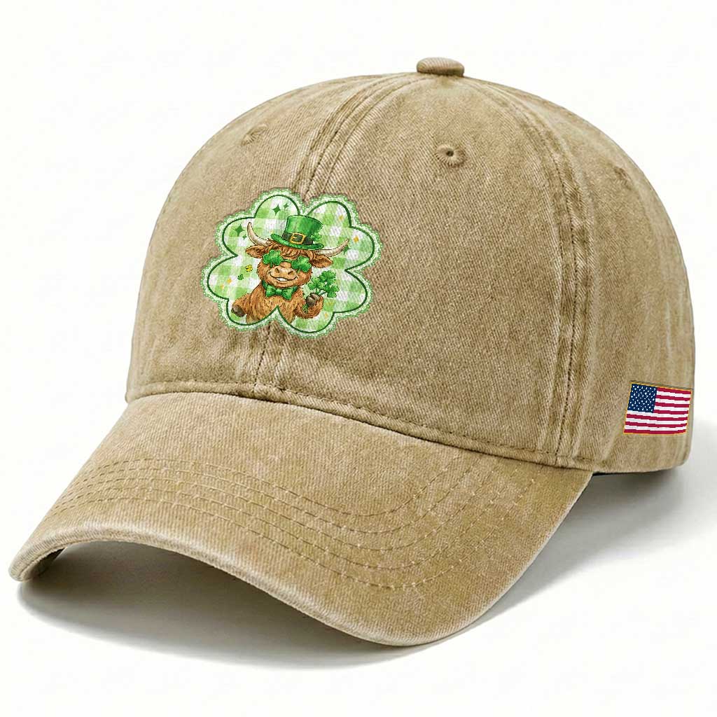 Funny Irish Highland Cow Shamrock Holiday Gift Washed Cotton Baseball Cap