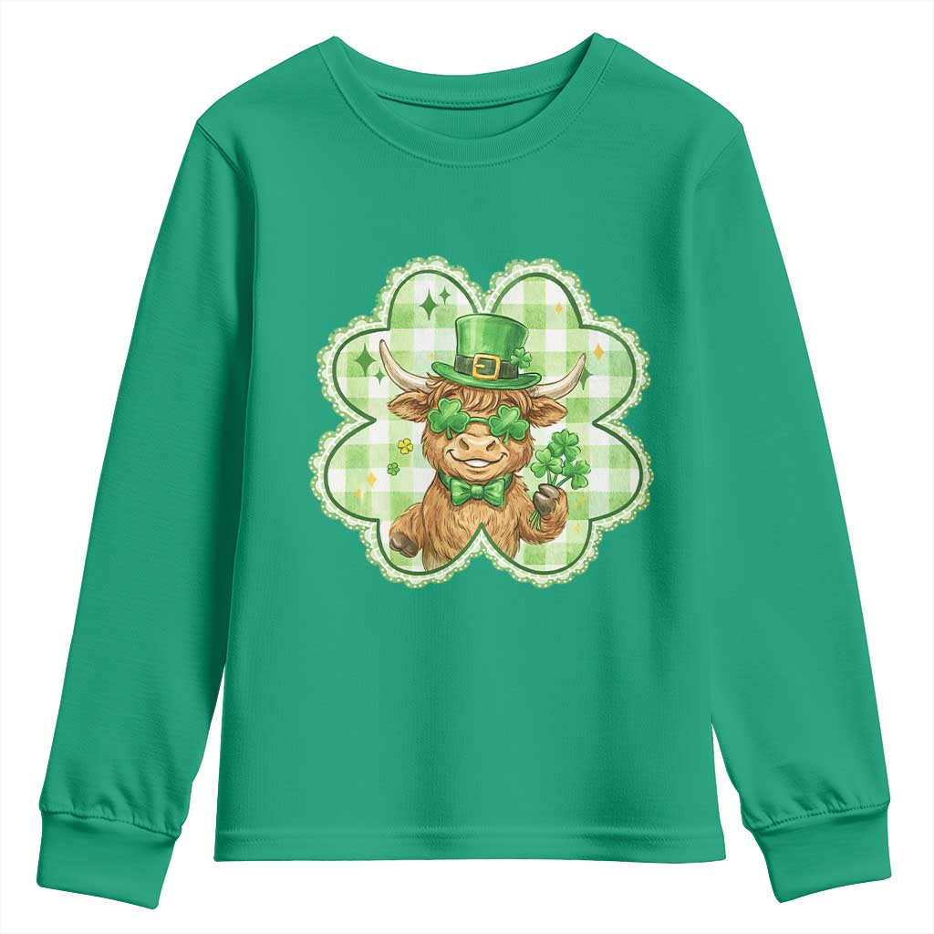 Funny Irish Highland Cow Shamrock Holiday Gift Youth Sweatshirt