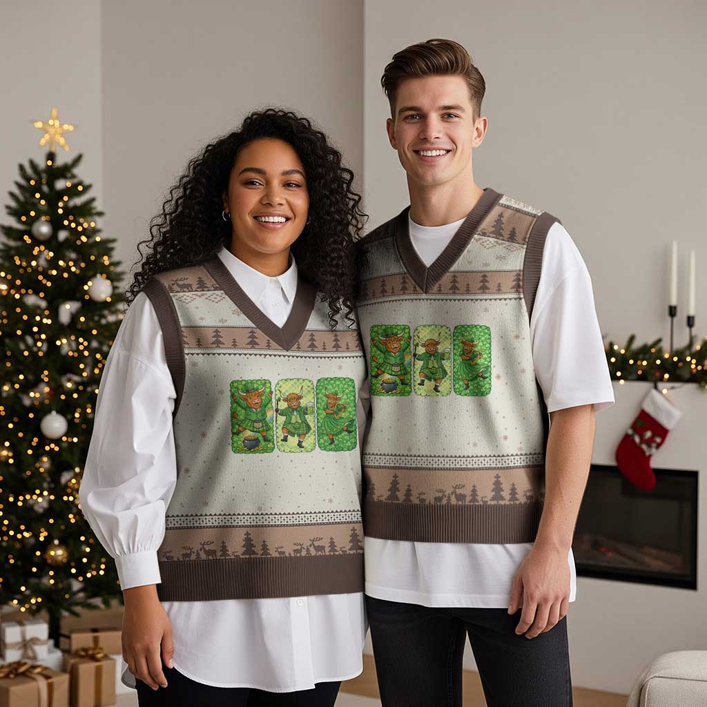 Vintage Highland Cow St Patricks Day V-Neck Knit Sweater Vest Farm Lover Gift
