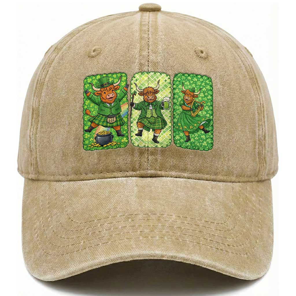 Vintage Highland Cow St Patricks Day Washed Cotton Baseball Cap Farm Lover Gift