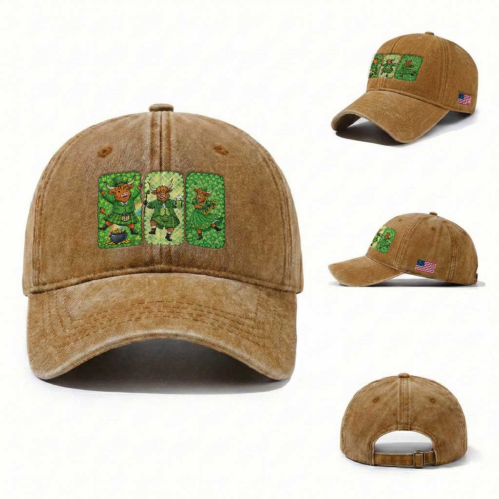 Vintage Highland Cow St Patricks Day Washed Cotton Baseball Cap Farm Lover Gift
