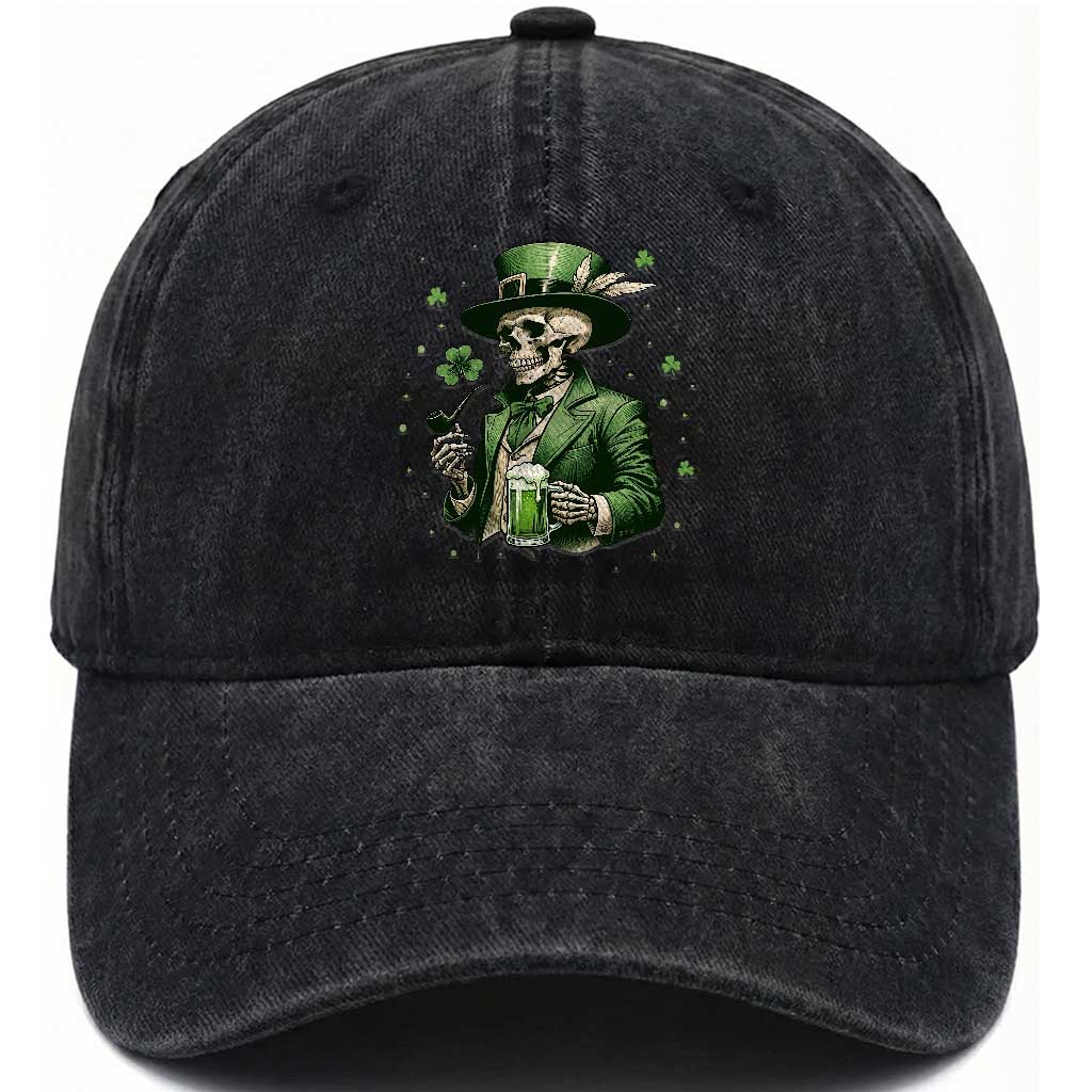 Skeleton St Patricks Day Drinking Washed Cotton Baseball Cap Irish Party Gift