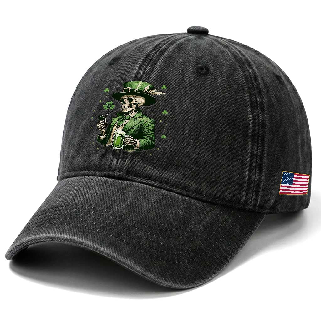 Skeleton St Patricks Day Drinking Washed Cotton Baseball Cap Irish Party Gift