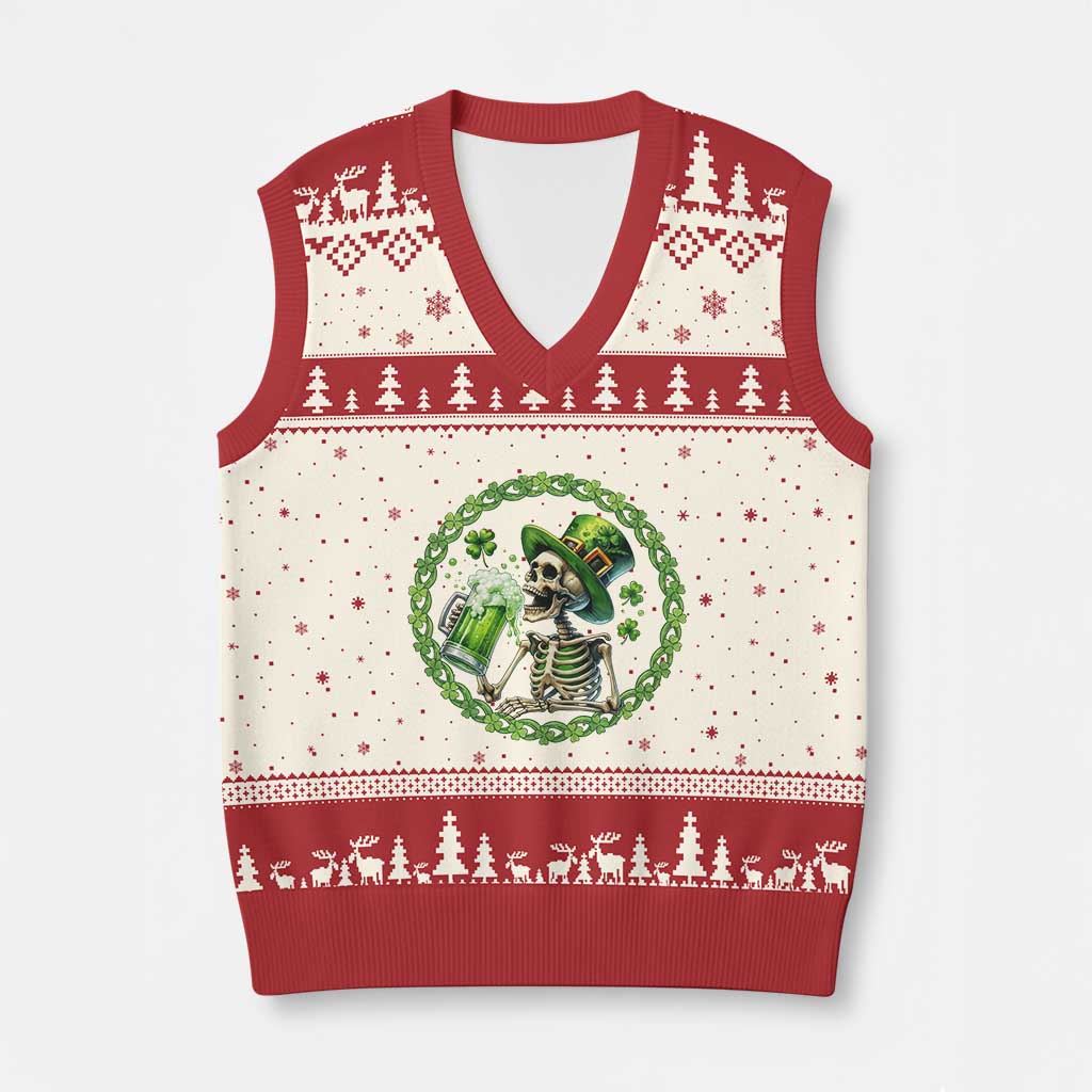 Lucky Irish Skeleton St Patricks Day V-Neck Knit Sweater Vest Beer Lover