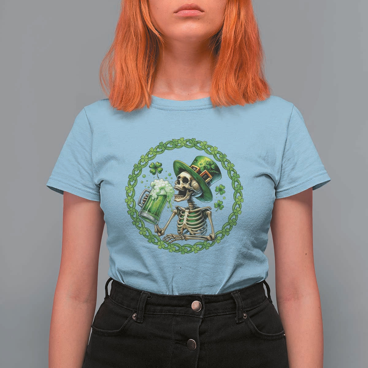 Lucky Irish Skeleton St Patricks Day T Shirt For Women Beer Lover