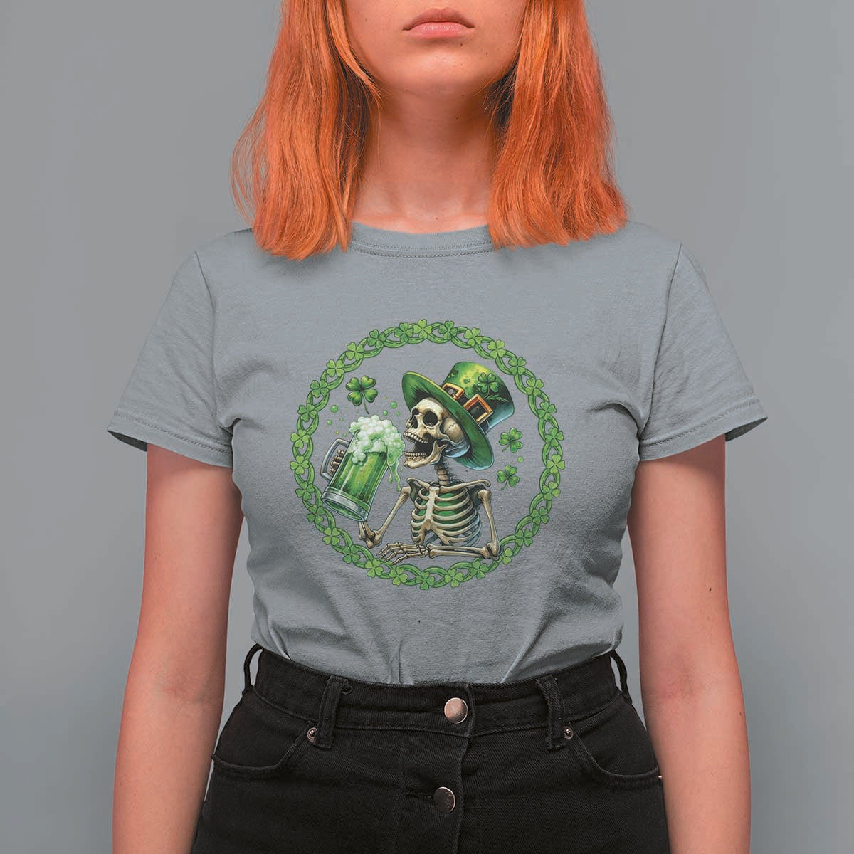 Lucky Irish Skeleton St Patricks Day T Shirt For Women Beer Lover