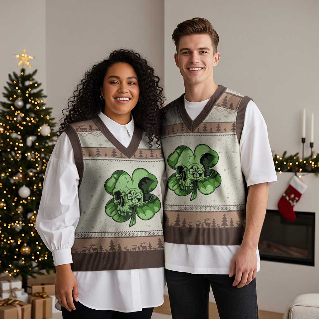 St Patricks Day Lucky Shamrock Skull Gift V-Neck Knit Sweater Vest