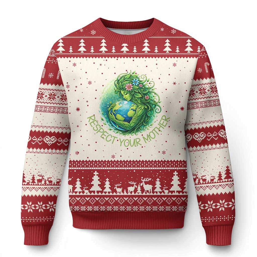 Respect Your Mother Ugly Christmas Sweater Earth Mother Hugging Planet