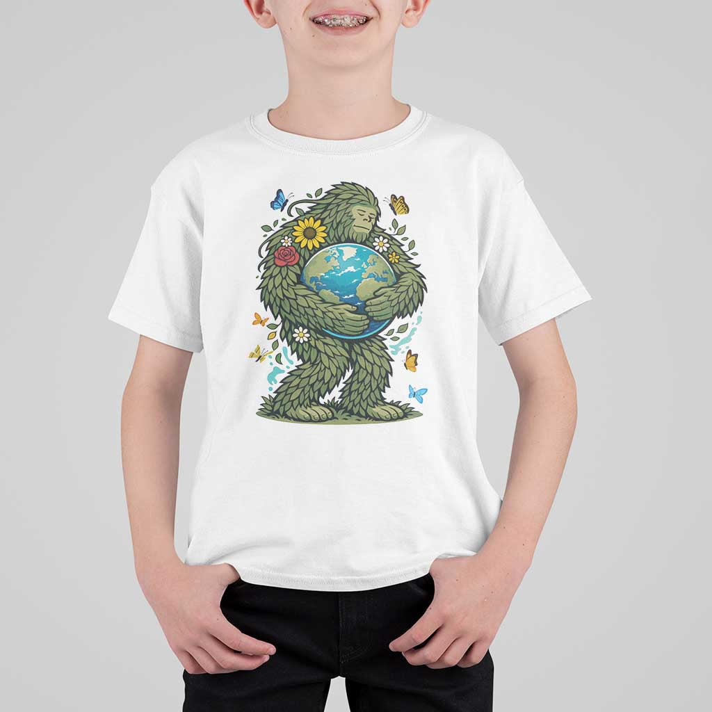 Floral Bigfoot Hugging Earth T Shirt For Kid Cottagecore Nature Lover