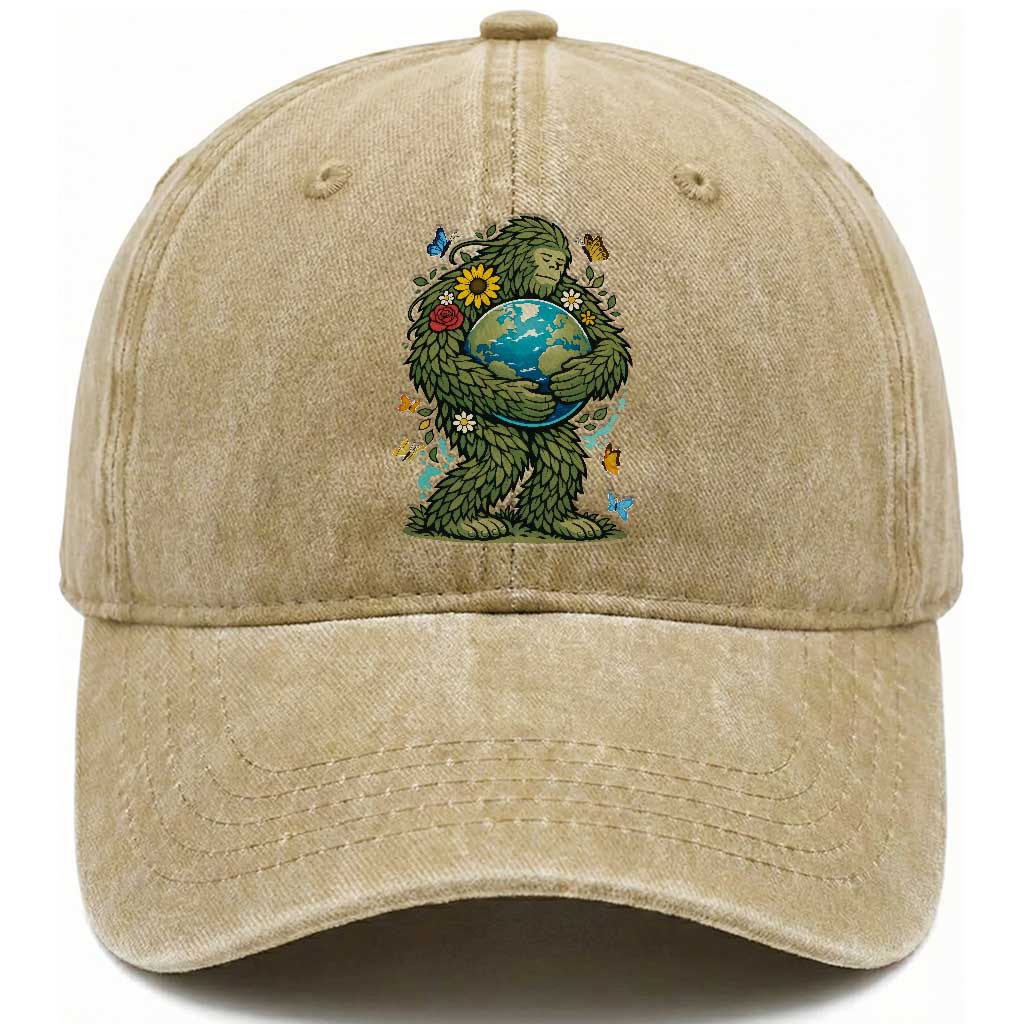 Floral Bigfoot Hugging Earth Washed Cotton Baseball Cap Cottagecore Nature Lover